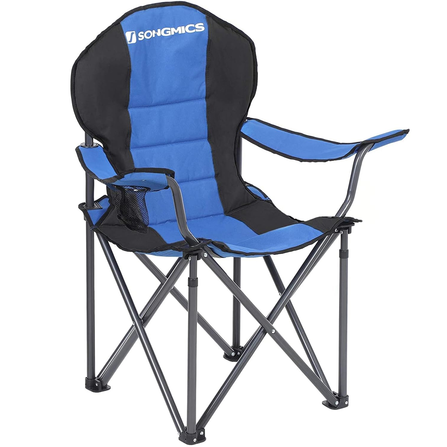 Scaun pliabil camping cu sezut buretat, suport bauturi, husa transport, 250 kg, 90x55x102 cm, albastru