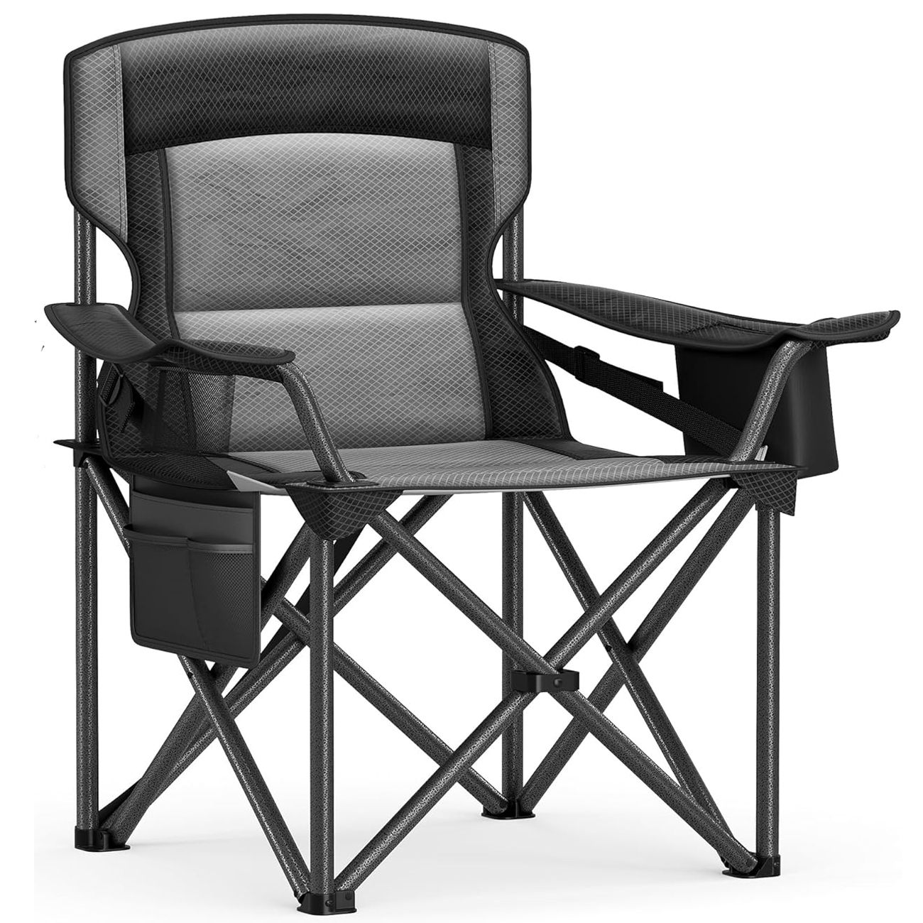 Scaun pliabil camping premium cu spatar inalt si sezut buretat, suport bauturi si buzunar termo, 200 kg, 63x95x100 cm, negru