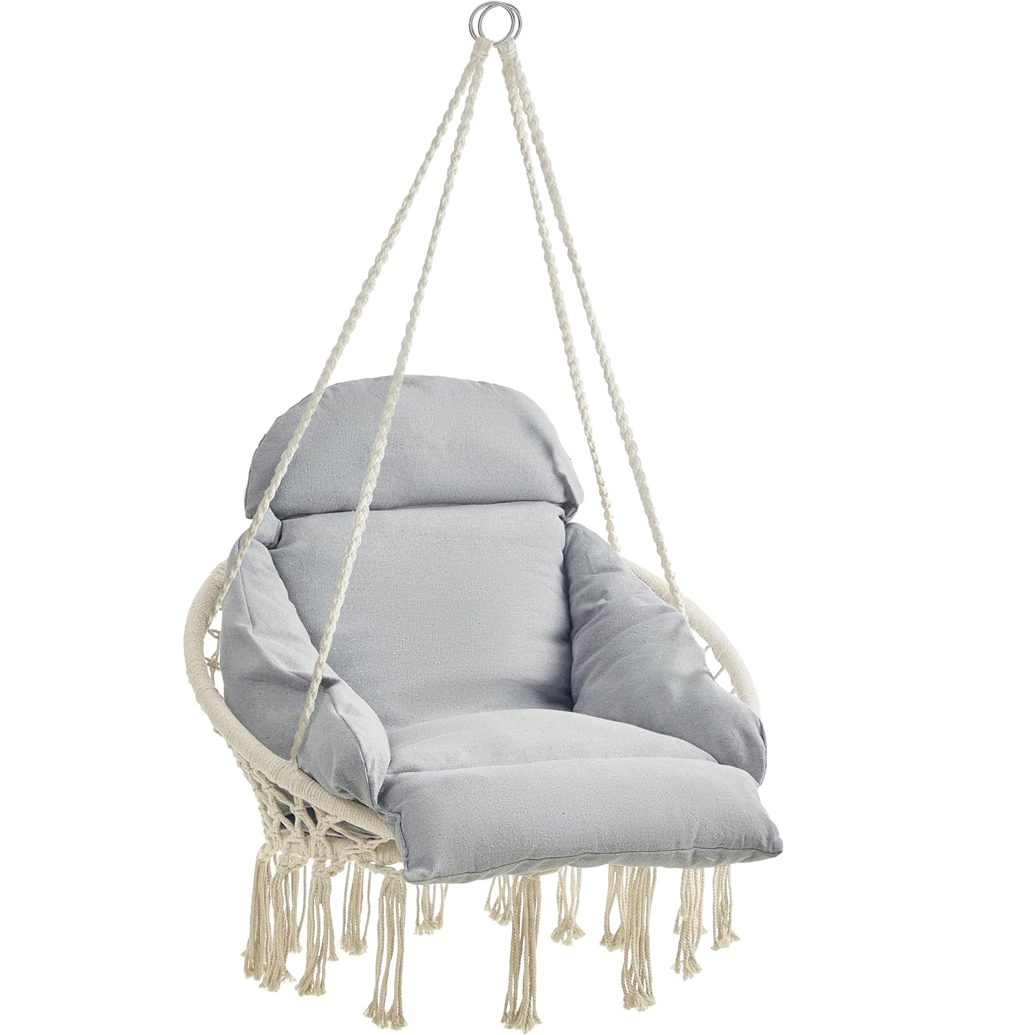 Scaun rotund tip leagan suspendat perna bumbac metal, 76 cm diametru, maxim 120 kg, gri