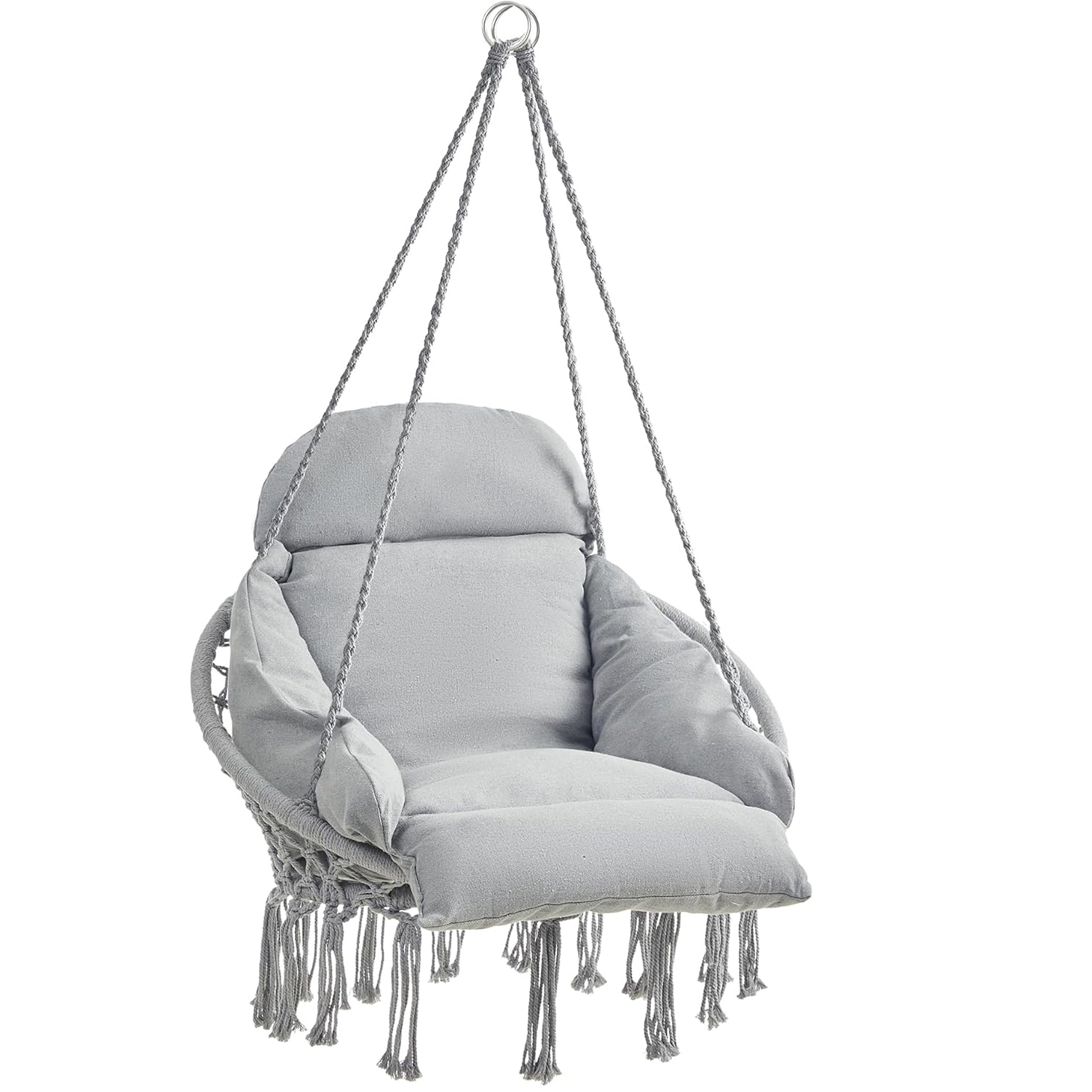 Scaun suspendat tip hamac cu perna groasa, stil scandinav, cadru metalic, 120 kg, gri deschis