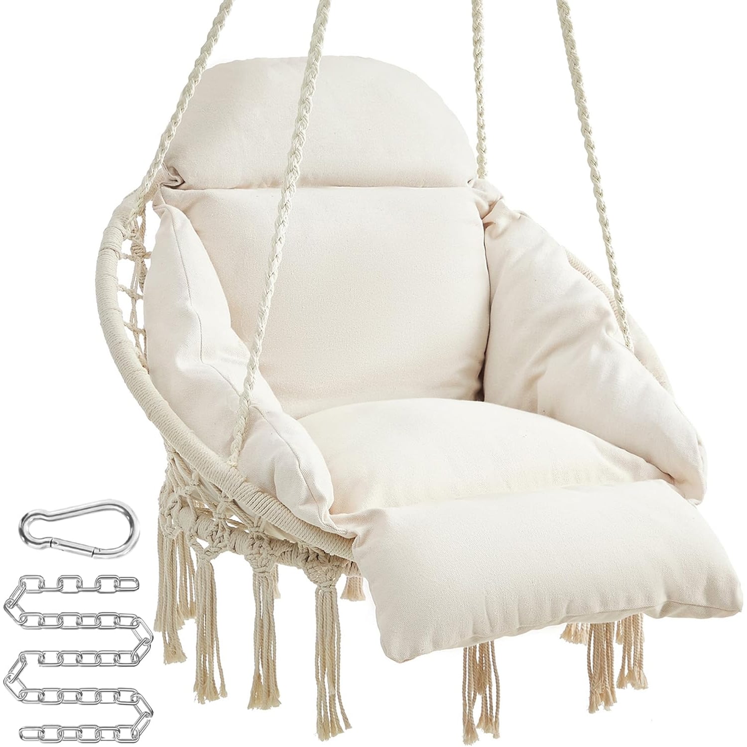 Scaun suspendat tip hamac cu perna groasa, stil scandinav, cadru metalic, include lant si carabiniera, 120 kg, crem