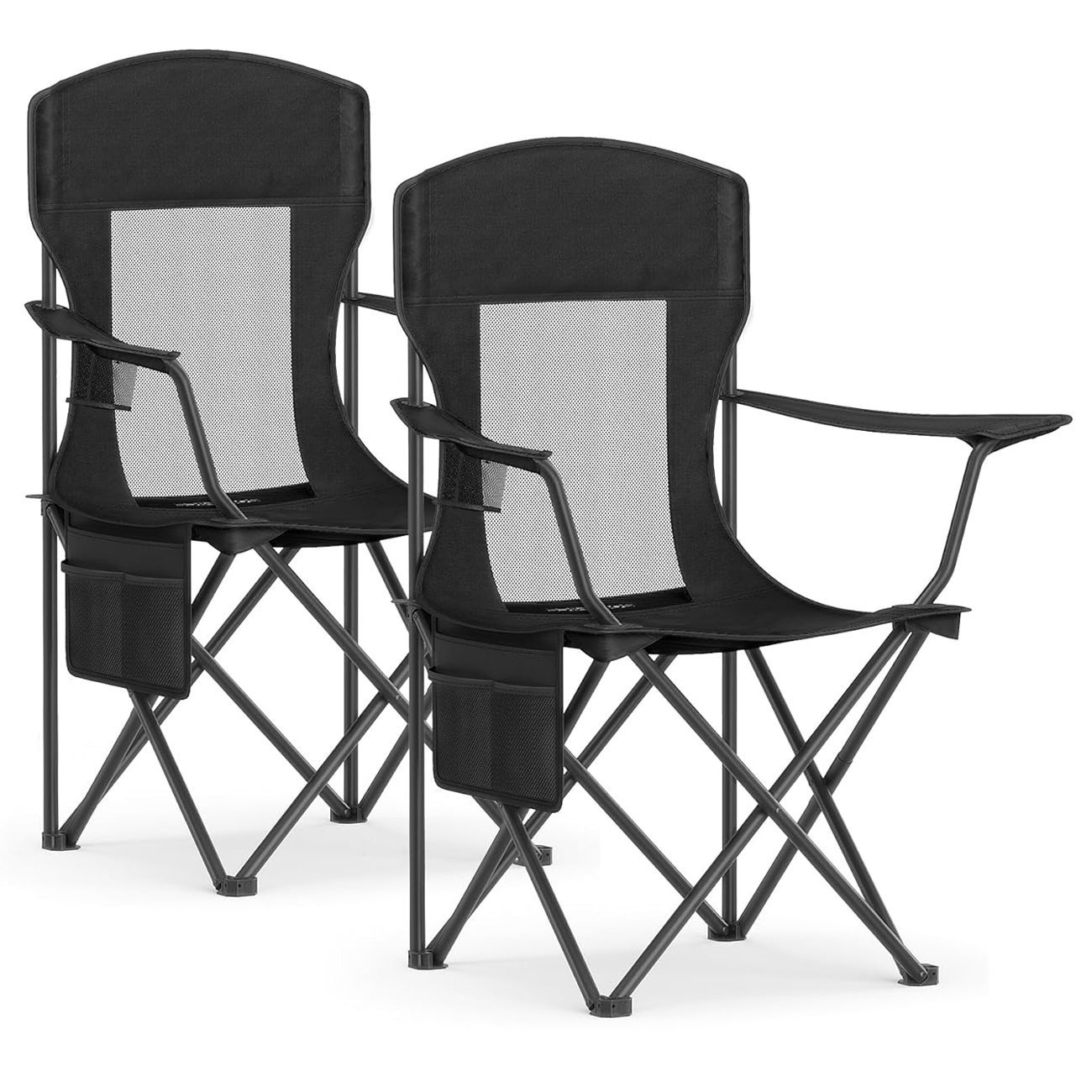 Set 2 scaune pliabile camping cu spatar inalt si suport bauturi, husa transport, 150 kg, 52x87x97 cm, negru