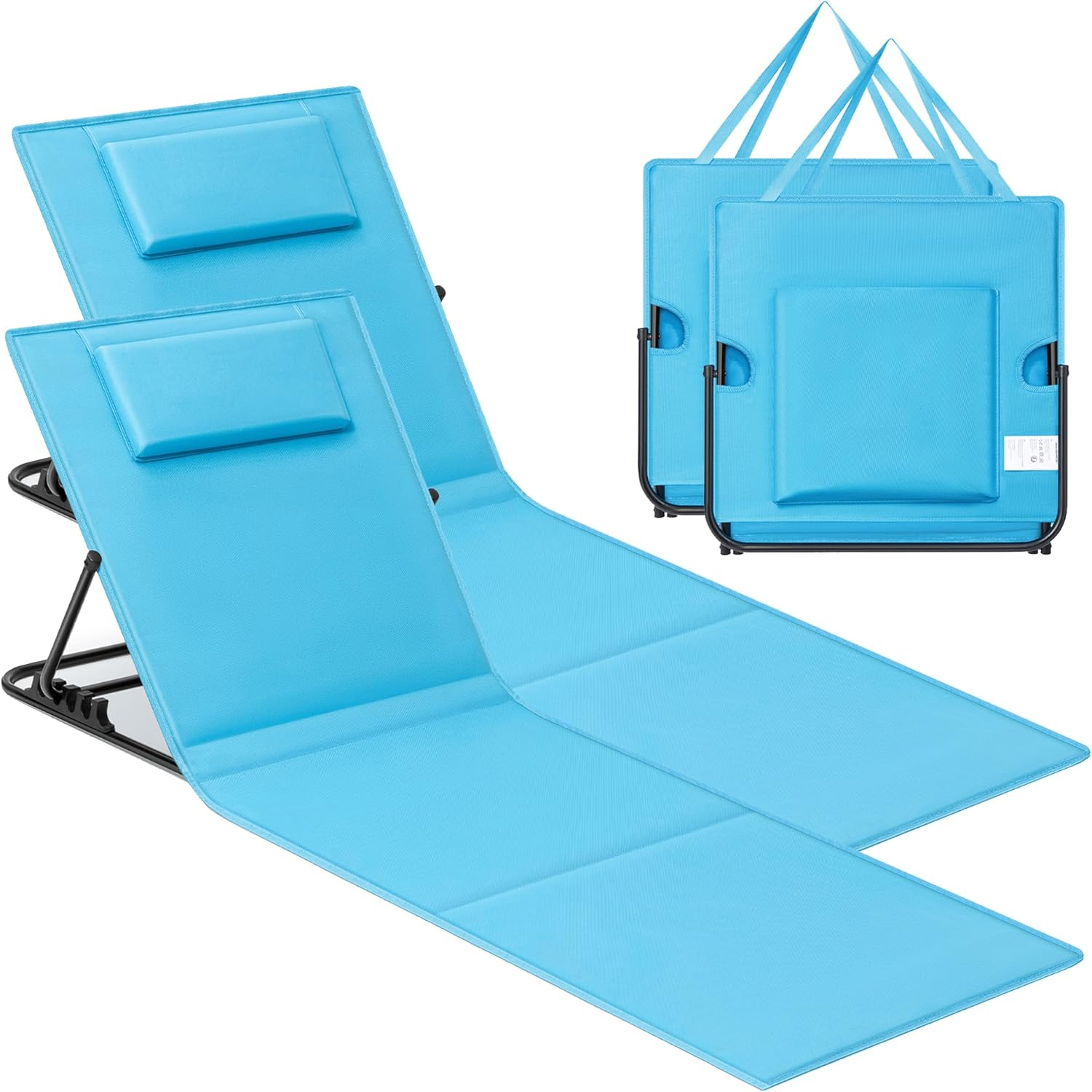 Set 2 sezlonguri plaja pliabile, spatar reglabil 4 pozitii, perna si buzunar incluse, otel galvanizat, max 150 kg, 158x55 cm, albastru