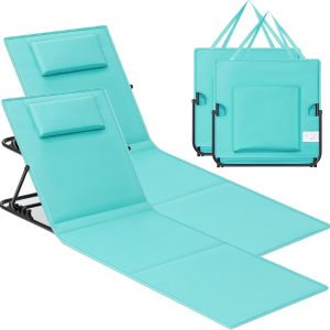 Set 2 sezlonguri plaja pliabile, spatar reglabil 4 pozitii, perna si buzunar incluse, otel galvanizat, max 150 kg, 158x55 cm, albastru turqoise