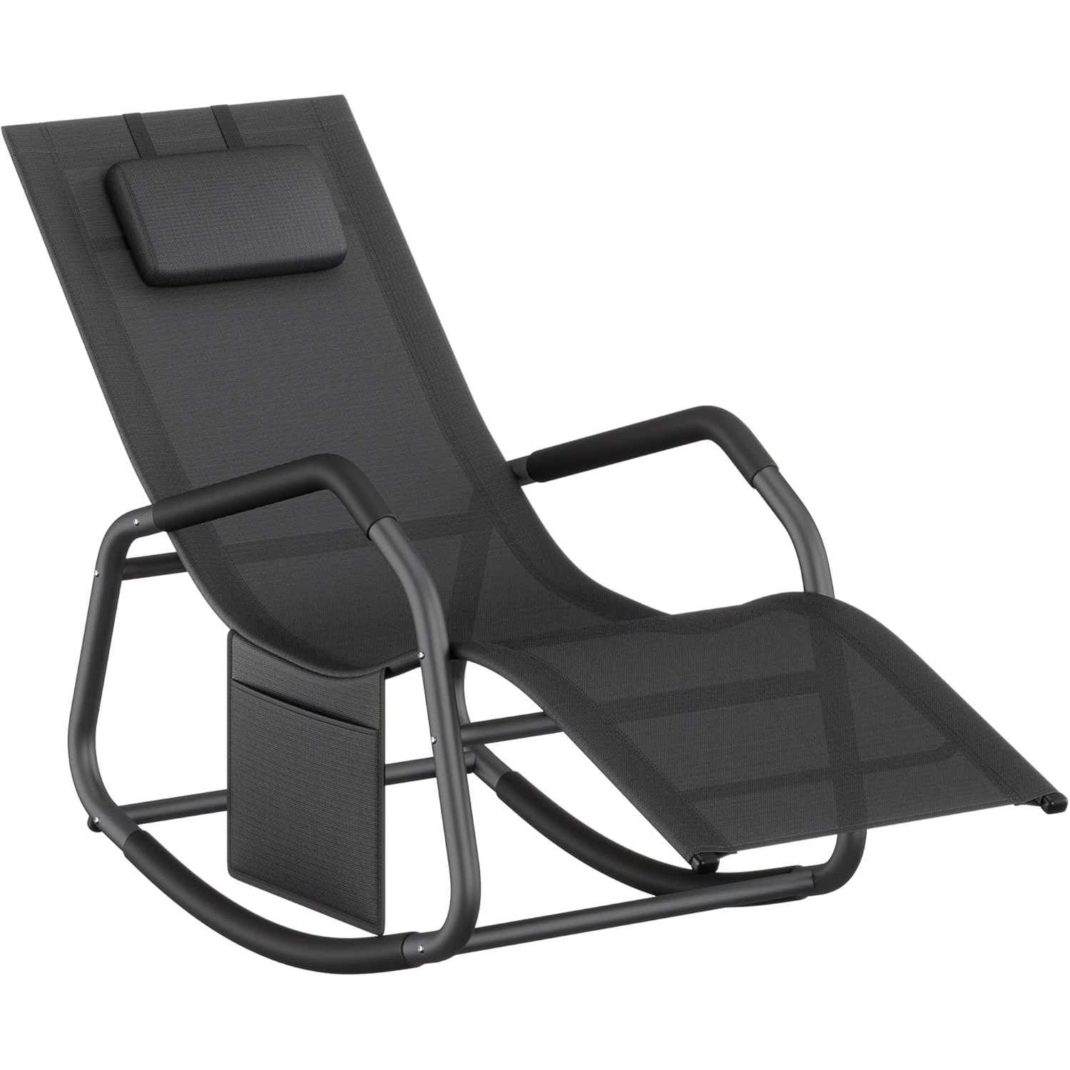 Sezlong balansoar gradina, cu tetiera reglabila si buzunar lateral, cadru otel, maxim 150 kg, 151x56x97 cm, negru