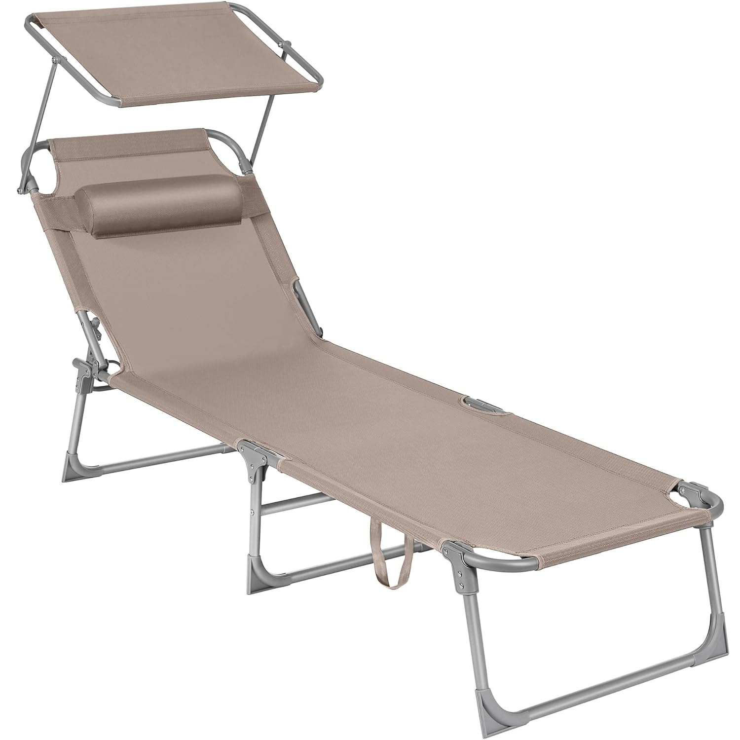 Sezlong pliabil cu parasolar si tetiera, spatar reglabil 4 pozitii, tesatura sintetica respirabila, max 150 kg, 193x53x29 cm, crem
