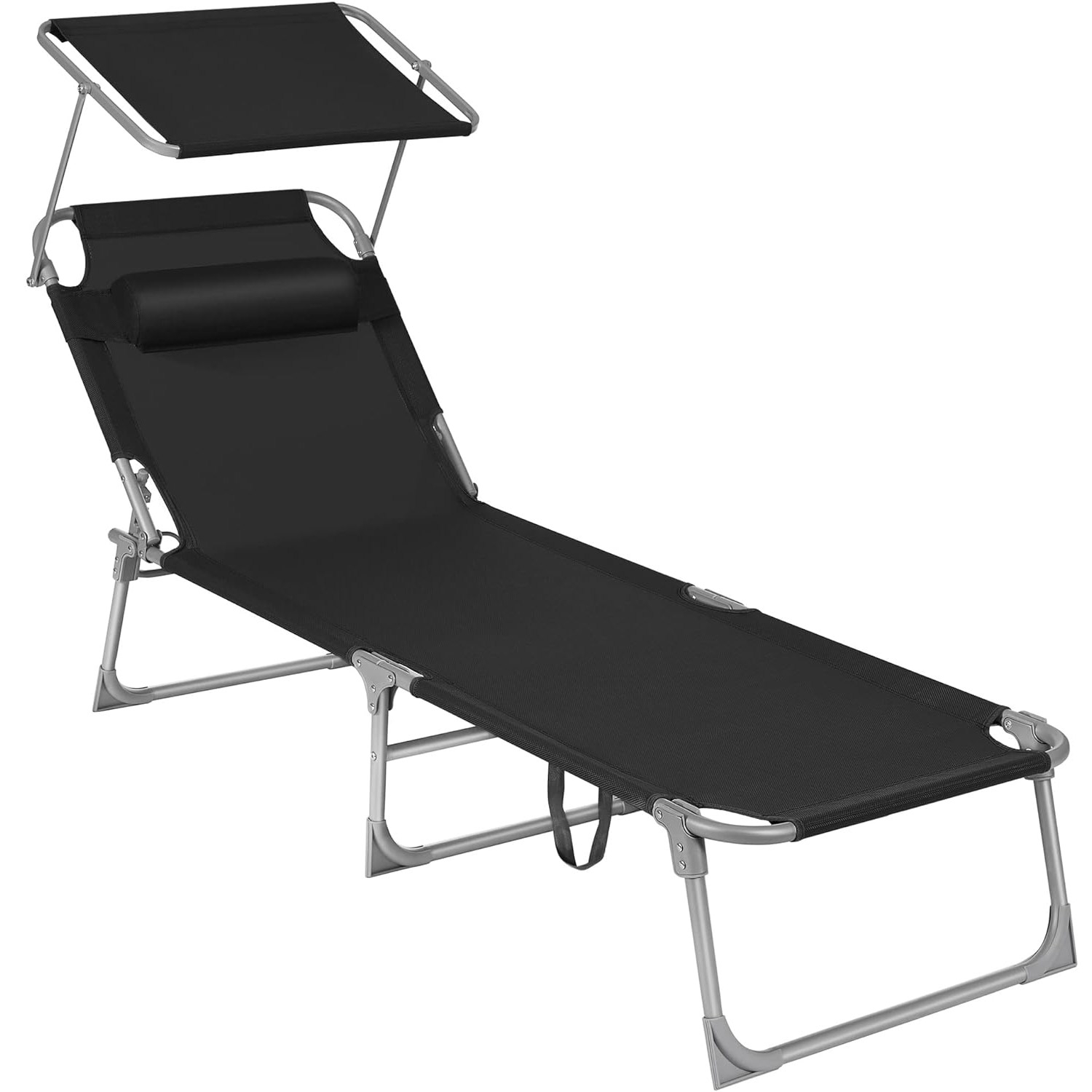 Sezlong pliabil cu parasolar si tetiera, spatar reglabil 4 pozitii, tesatura sintetica respirabila, max 150 kg, 193x53x29 cm, negru