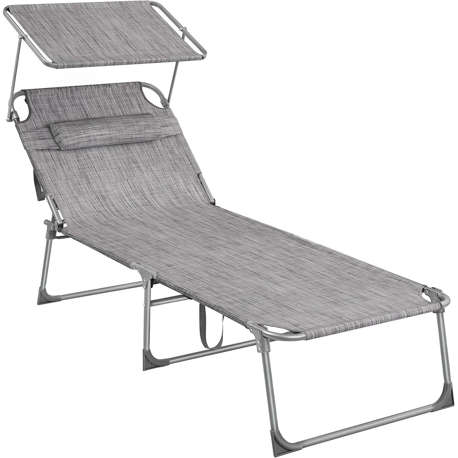 Sezlong pliabil, cu parasolar si tetiera, spatar reglabil in 4 pozitii, maxim 150kg, 200x71x38 cm, gri