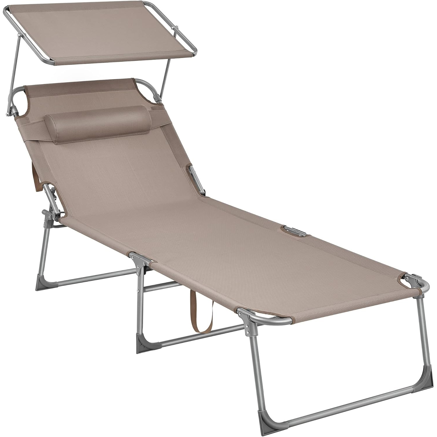 Sezlong pliabil cu parasolar si tetiera, spatar reglabil 4 pozitii, tesatura sintetica respirabila, max 150 kg, 200x71x38 cm, taupe
