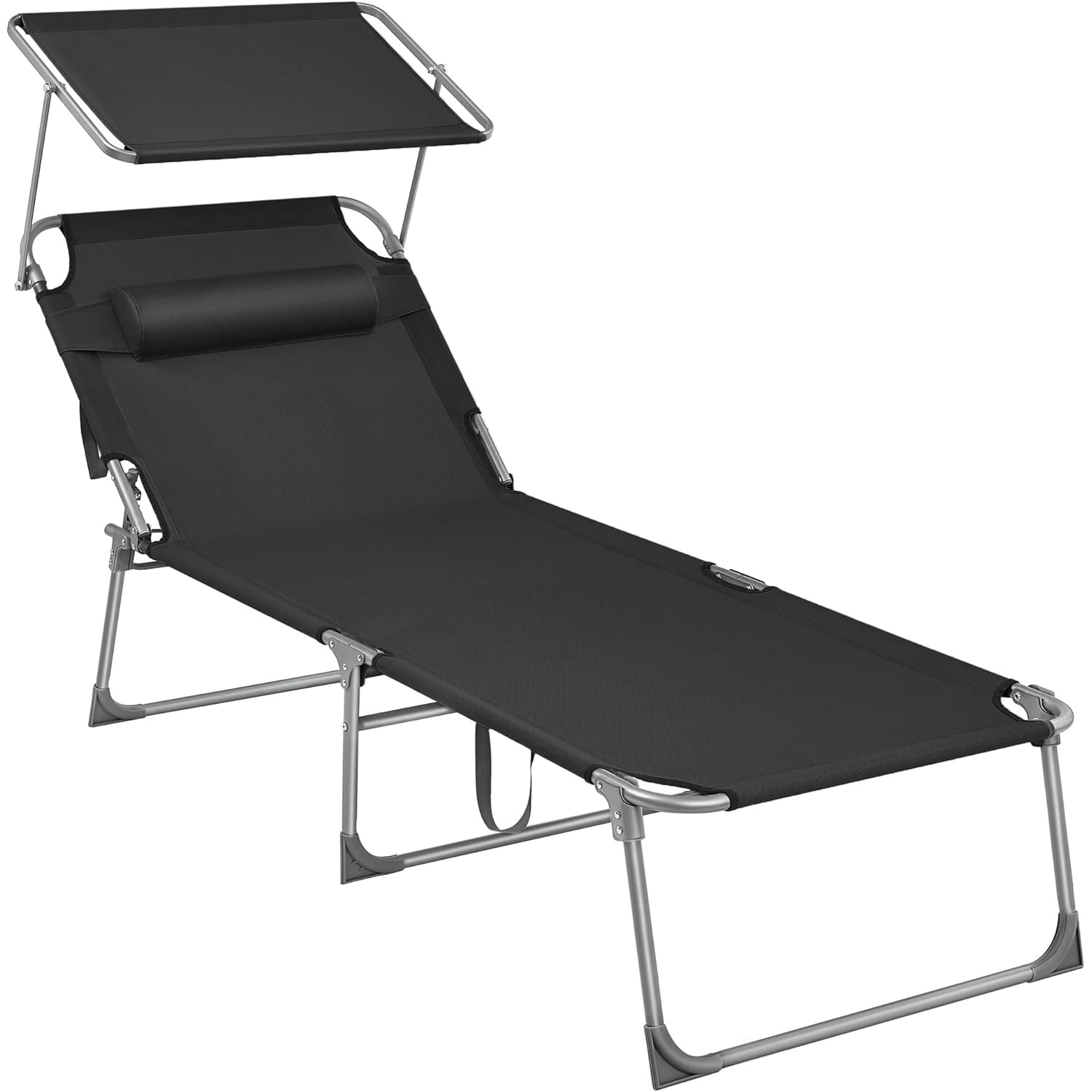 Sezlong pliabil cu parasolar si tetiera, spatar reglabil 4 pozitii, tesatura sintetica respirabila, max 150 kg, 200x71x38 cm, negru
