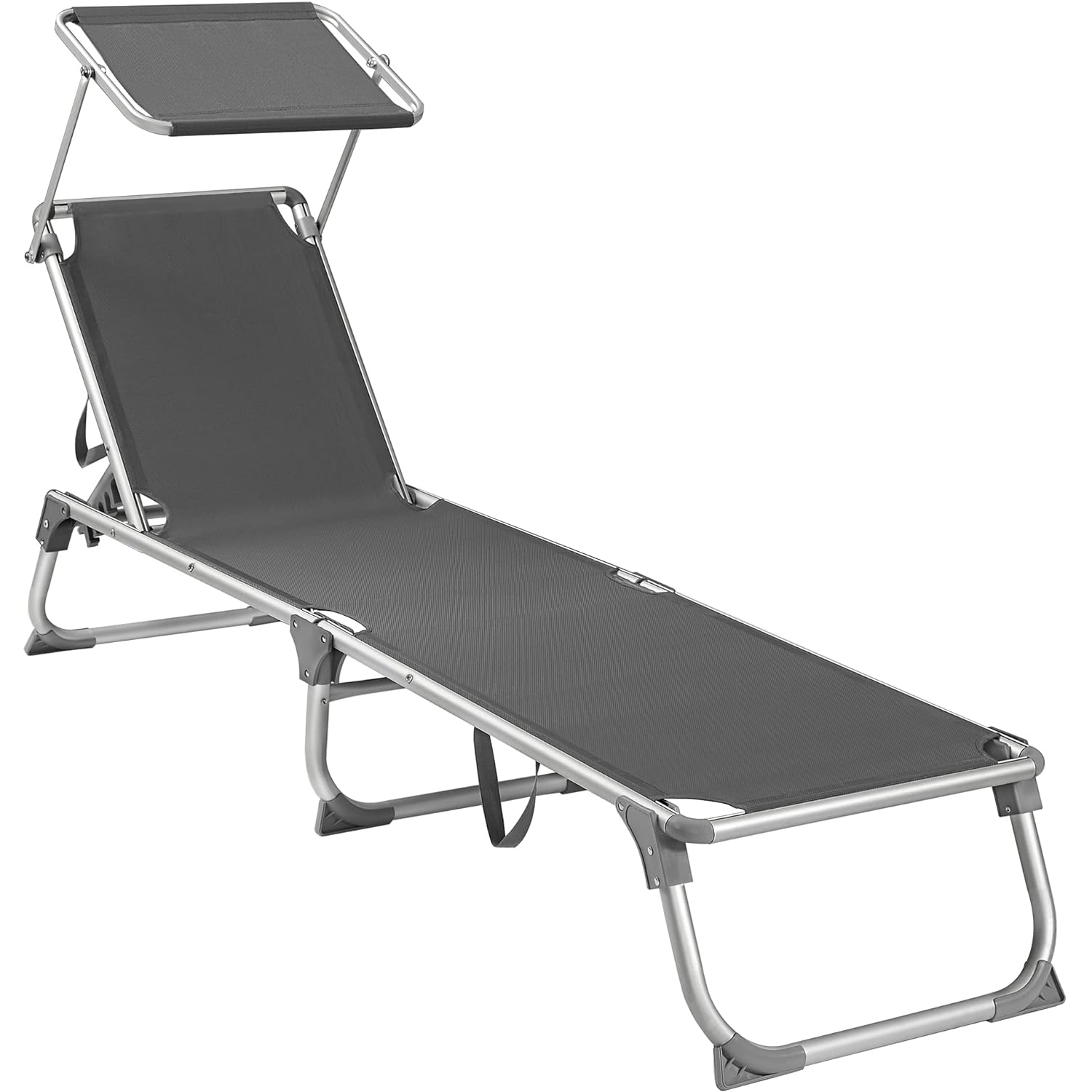 Sezlong pliabil, cu parasolar, spatar reglabil in 5 pozitii, maxim 150kg, 193x55x31cm, gri
