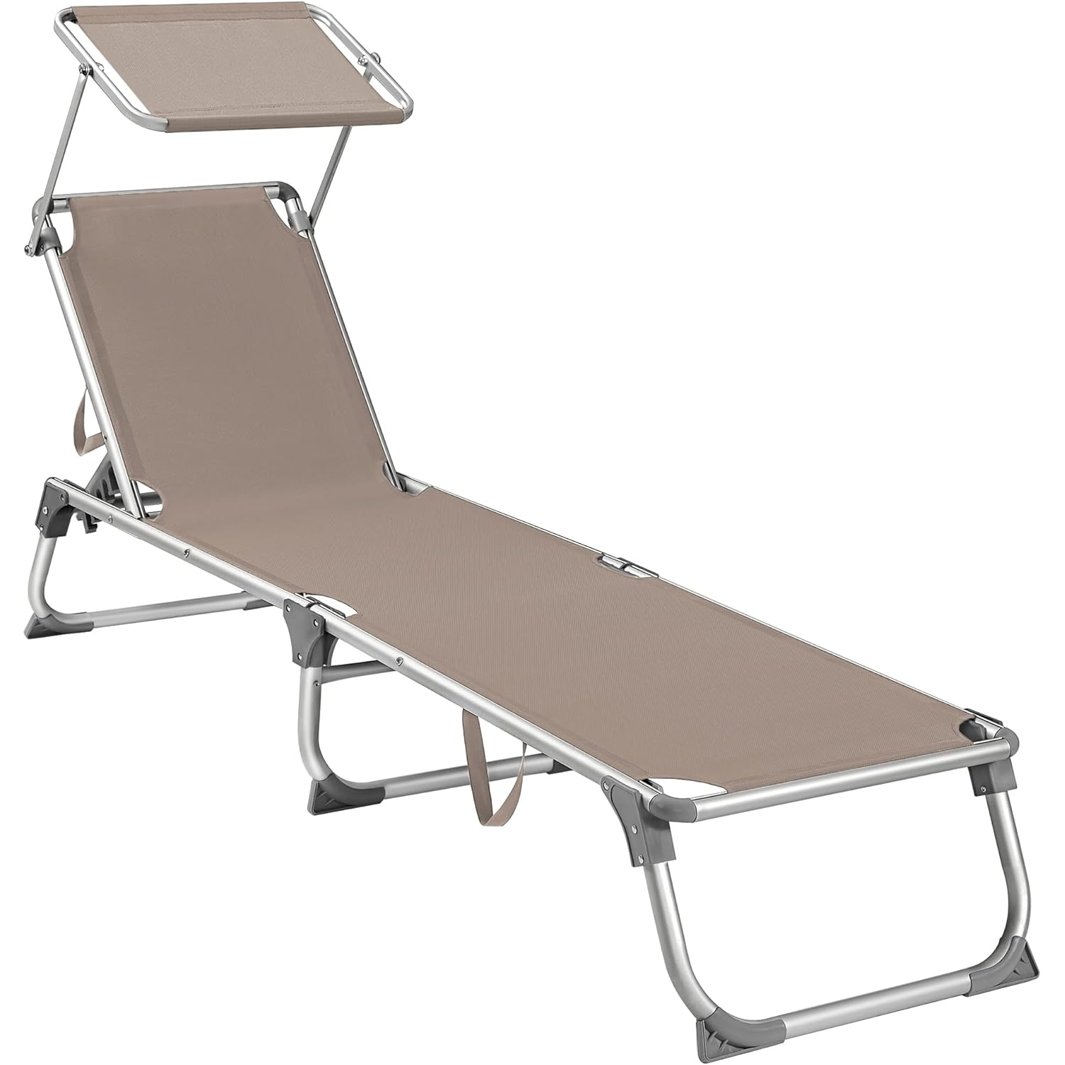 Sezlong pliabil cu parasolar, spatar reglabil 5 pozitii, cadru aluminiu, max 150 kg, 193x55x31 cm, taupe