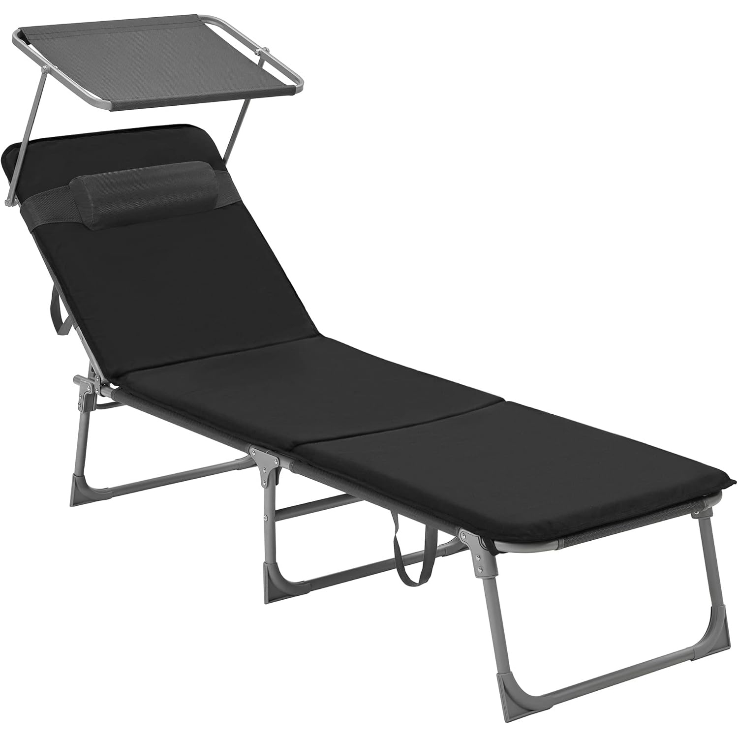 Sezlong pliabil cu saltea, parasolar si tetiera, spatar reglabil 4 pozitii, cadru metalic, 193x53x29 cm, maxim 150 kg, negru