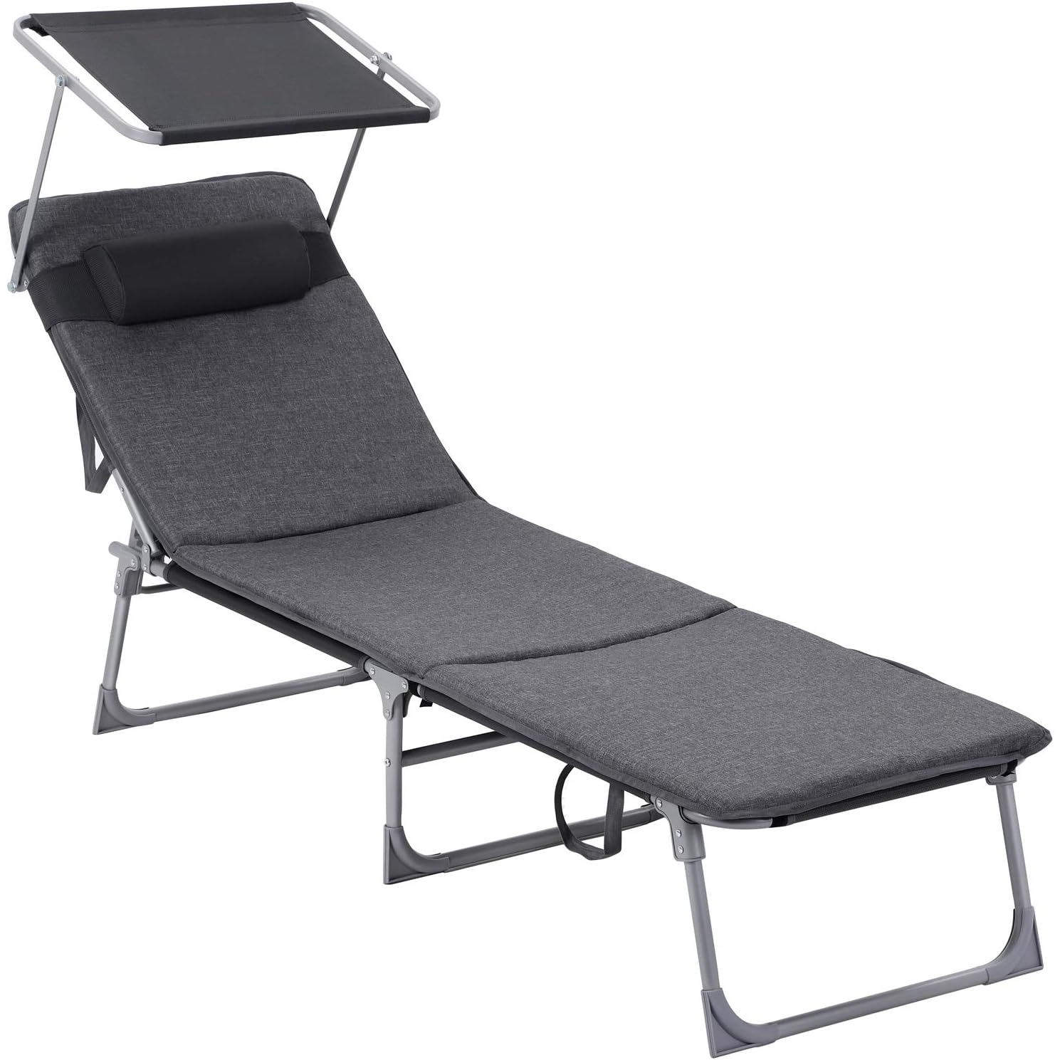 Sezlong pliabil cu saltea 3 cm si parasolar, spatar reglabil 4 pozitii, max 150 kg, 193x53x30 cm, gri