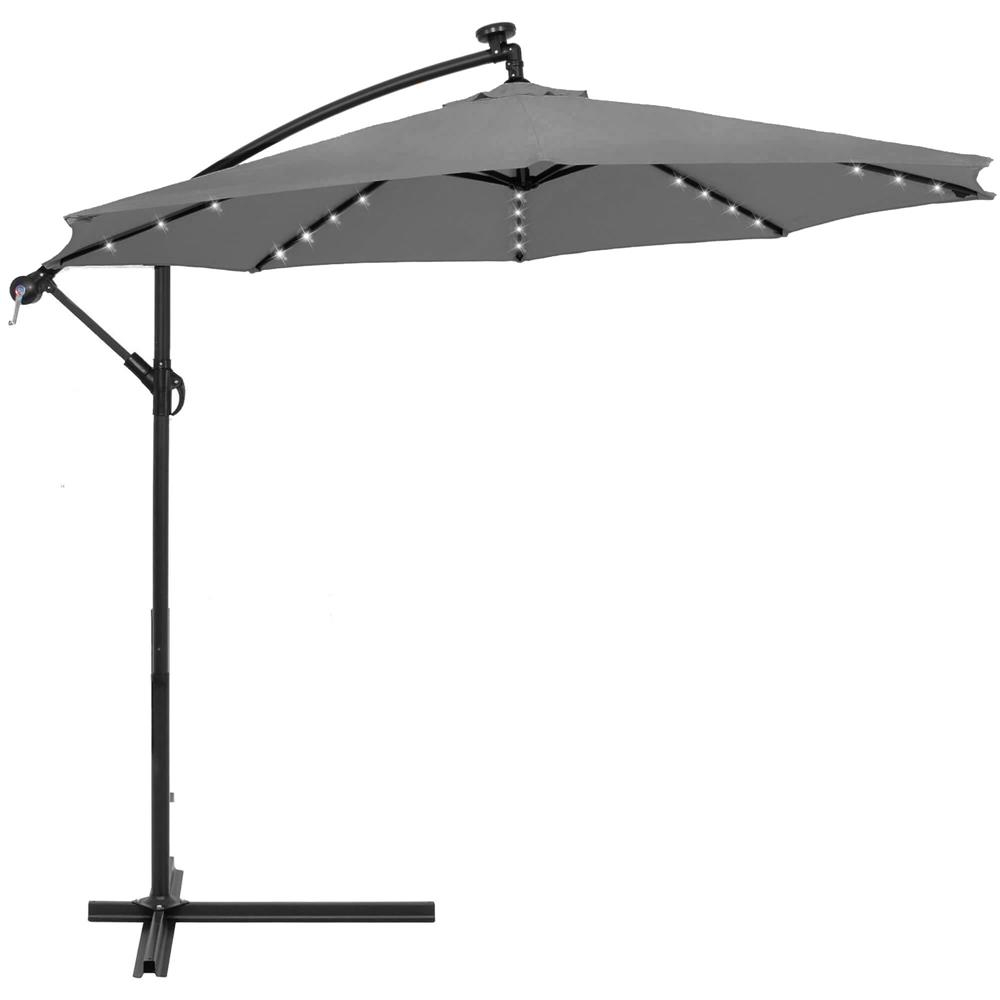 Umbrela gradina brat lateral tip banana cu iluminare LED solara, 32 LED-uri, protectie UPF 50+, husa inclusa, D300 cm, gri